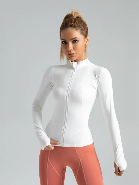 Women's Sports Solid Zip up Thumb Hole Sports Jacket, Long Sleeve Stand Collar